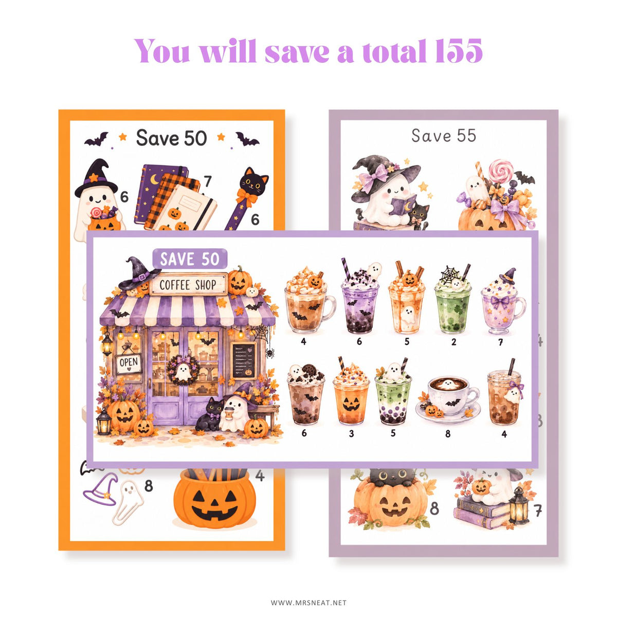 Cute Halloween budget planner printable with pumpkins ghosts and black cats
