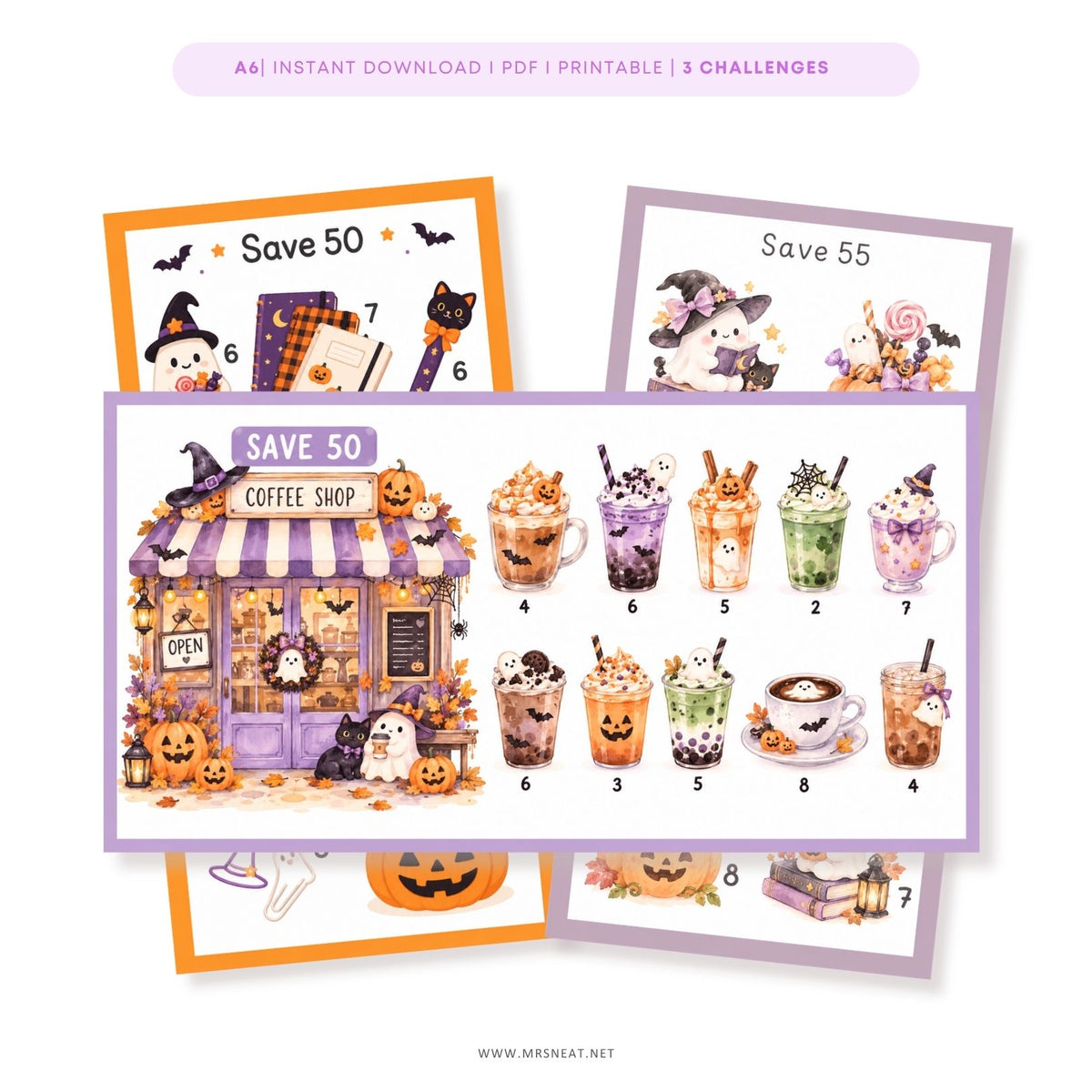 Halloween savings challenge printable with cute pastel watercolor illustrations