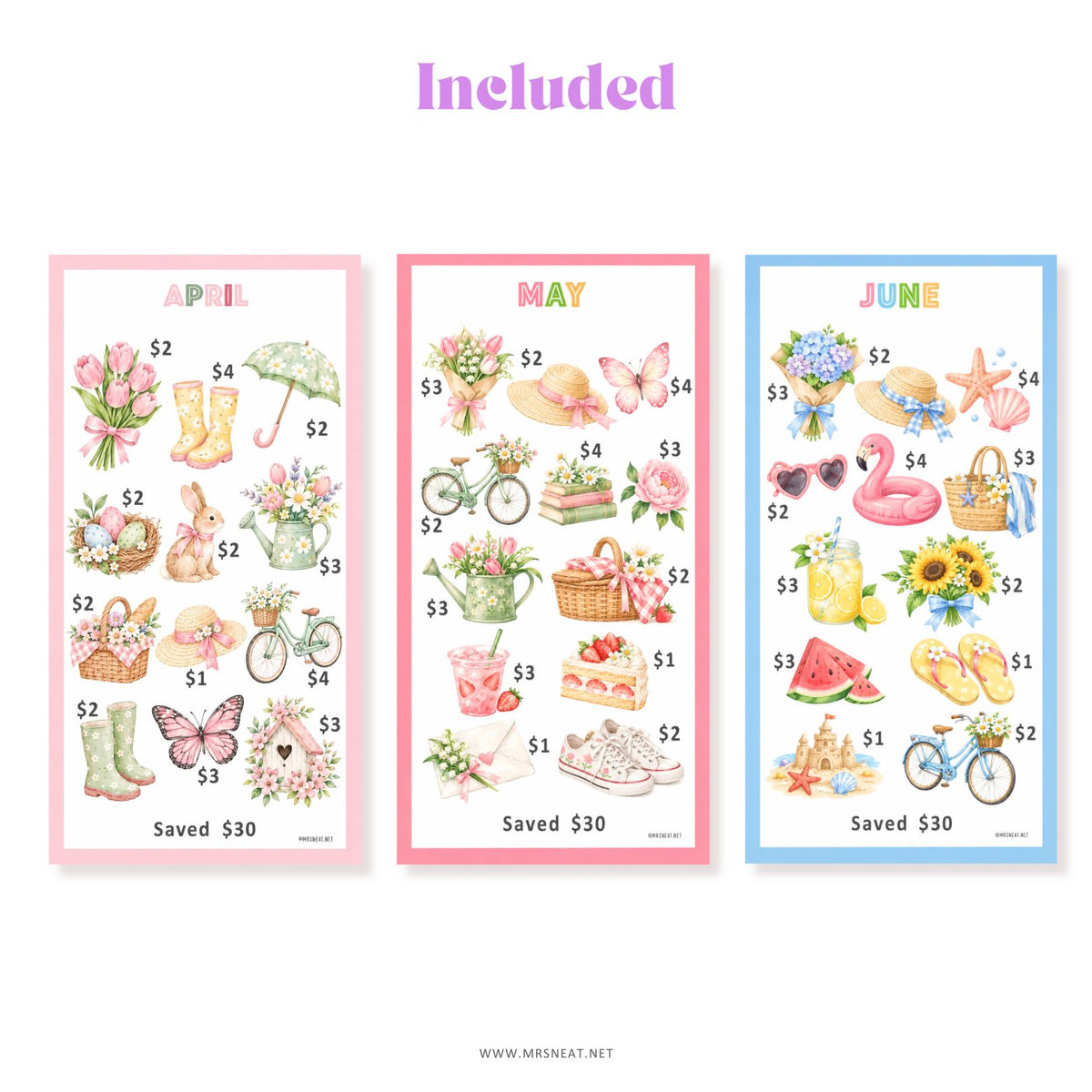 Monthly savings challenge printable with cute pastel watercolor seasonal designs