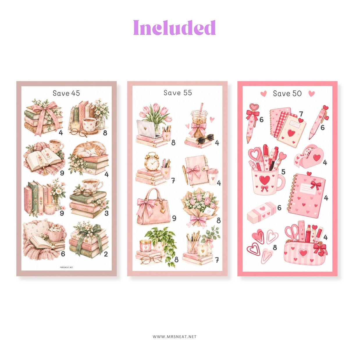 Pastel watercolor savings challenge printables with cute lifestyle illustrations