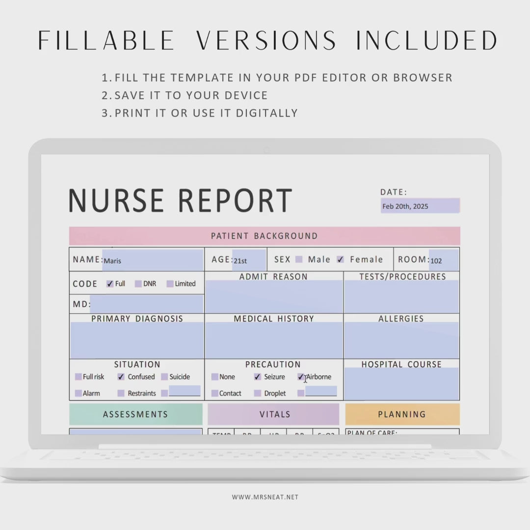 Editable Nurse Report Sheet, Printable, Digital, Nurse Brain Sheet, Single Patient Reporting Template, Nurses Resources, Med Surg, Nurse Report Template Printable, A4, A5, Letter, Half Letter, 2 colors, Fillable PDF