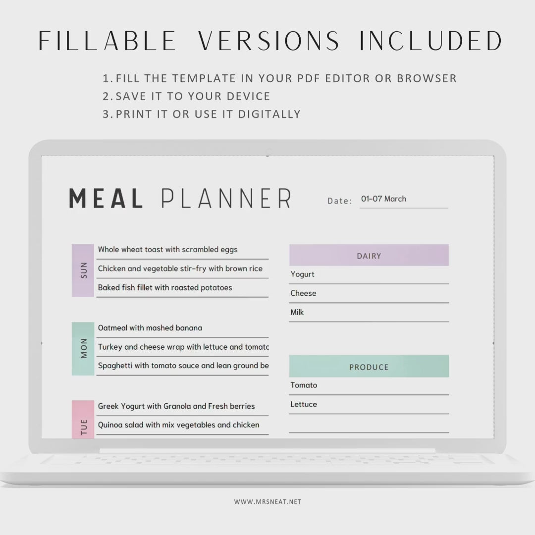 Fillable Weekly Meal Planner, PRINTABLE Journal Page, Food Planner Page, Printable Meal Plan Template, Weekly Meal Plan, Printable Meal Plan, Digital Planner, Printable Planner, A4, A5, Letter, Half Letter, 2 Colors, Sunday and Monday Start