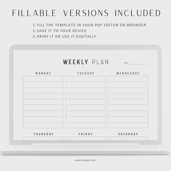 Fillable Weekly Planner Template Printable, Week at a glance, Weekly Schedule, Weekly To do list, 5 Versions, A4, A5, Letter, Half Letter