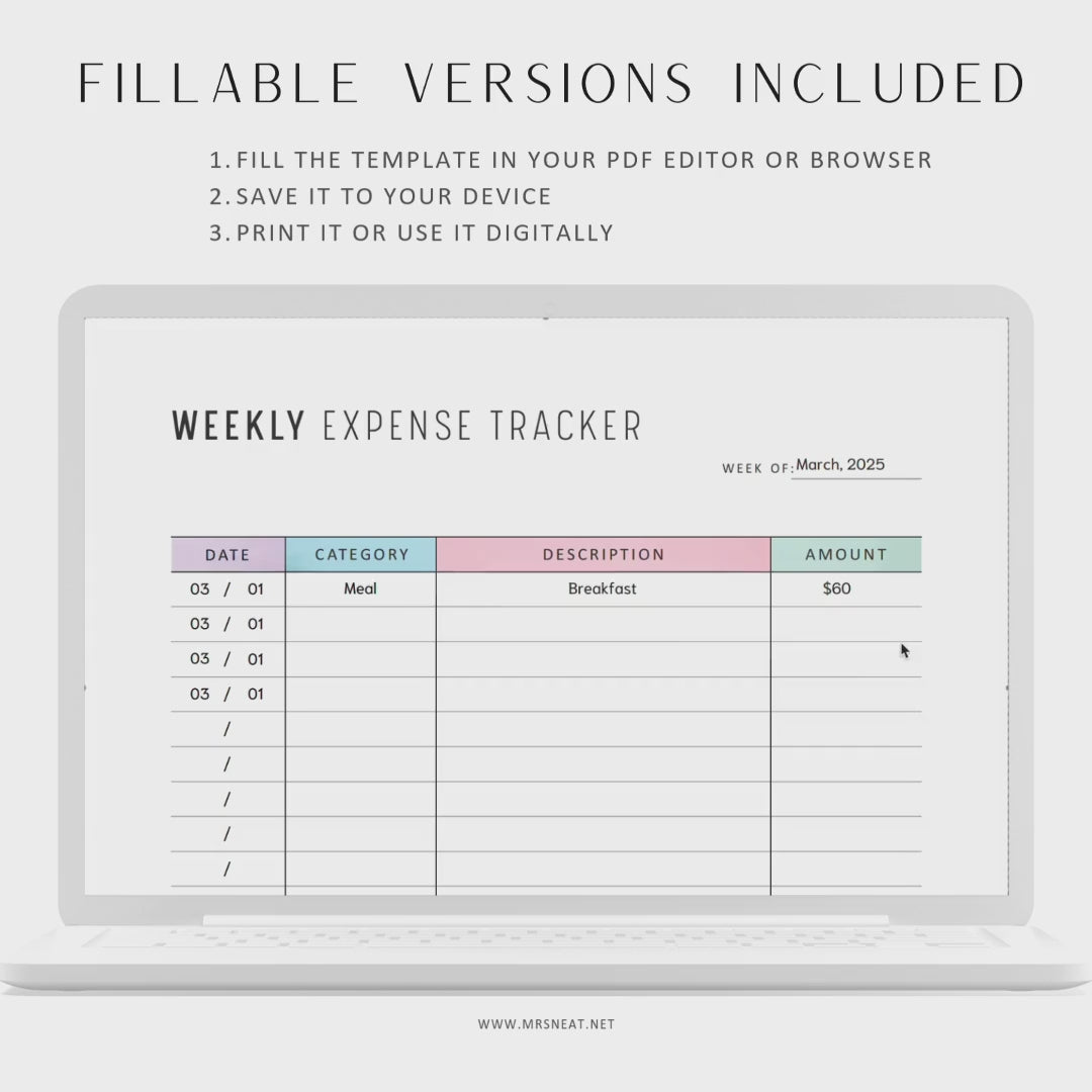 Weekly Expense Tracker, Printable, A4, A5, Half Letter, Letter, PDF, Digital Planner, 2 Colors, Instant Download