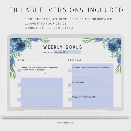 Fillable Weekly Goal Planner Printable, Productivity Planner, Weekly To Do List, Week at a glance, Weekly Agenda, A4/A5/Letter/Half Letter