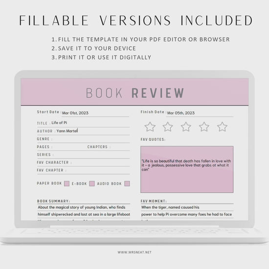 Book Review Template Printable, A4, A5, Letter, Half Letter, Blue, Green, Peach, Pink, White, 2 versions, Fillable PDF, Printable inserts