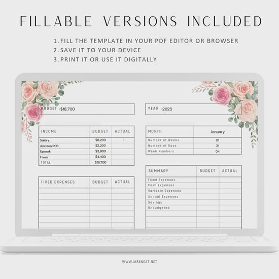 Fillable Budget Sheet Printable Planner, Budget Template, Paycheck Budget, Paycheck Tracker, Bi Weekly Budget, Weekly Budget, 4 Colors, 3 versions, A4, Digital Planner, Printable Planner, 13 Pages, Floral Theme