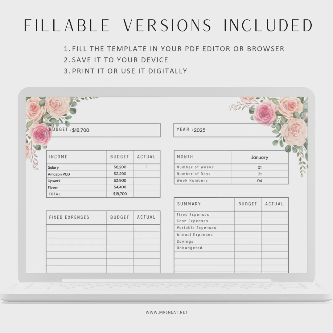 Fillable Budget Sheet Printable Planner, Budget Template, Paycheck Budget, Paycheck Tracker, Bi Weekly Budget, Weekly Budget, 4 Colors, 3 versions, A4, Digital Planner, Printable Planner, 13 Pages, Floral Theme