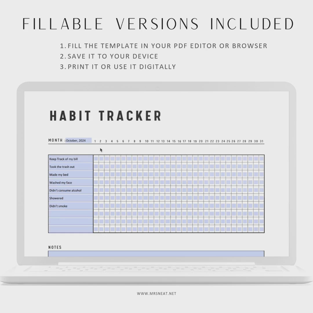 Monthly Habit Tracker Printable, Fillable Habit Tracker Landscape, Routine Tracker, Monthly Planner, PDF, Instant Download, A4, US Letter