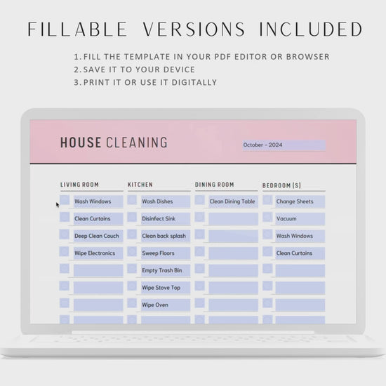 House Cleaning Checklist Printable, Living Room, Bathroom, Laundry Room, Kitchen, Dining Room, A4, A5, Letter, Half Letter, PDF, 6 colors