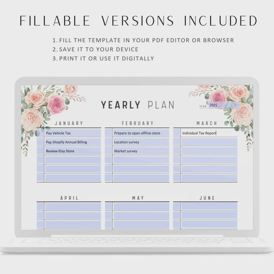 Floral Yearly Planner Printable, Digital Yearly Planner, Editable PDF Yearly Planner, Floral Theme, Beautiful Yearly Planner