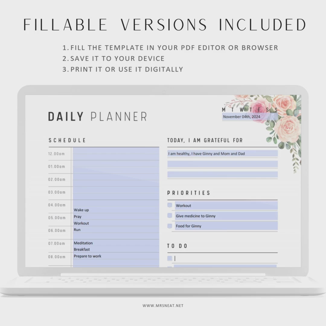 Floral 24 Hour Daily Planner Printable, Fillable Daily Planner, Daily To Do List, Daily Organize, 2 Versions, A4, A5, Letter, Half Letter