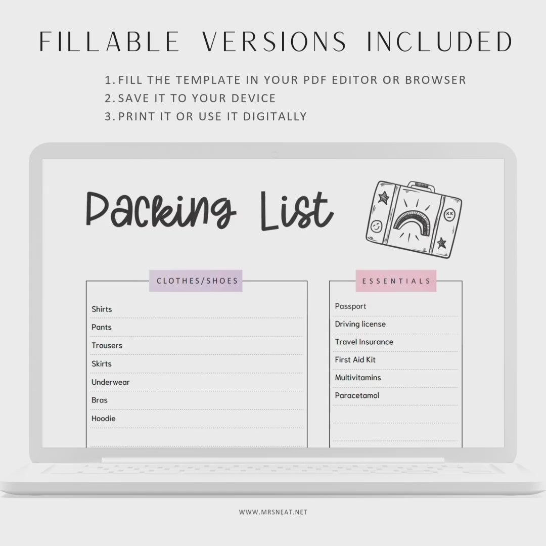 Travel Packing List Template Printable, Fillable PDF, Digital Planner