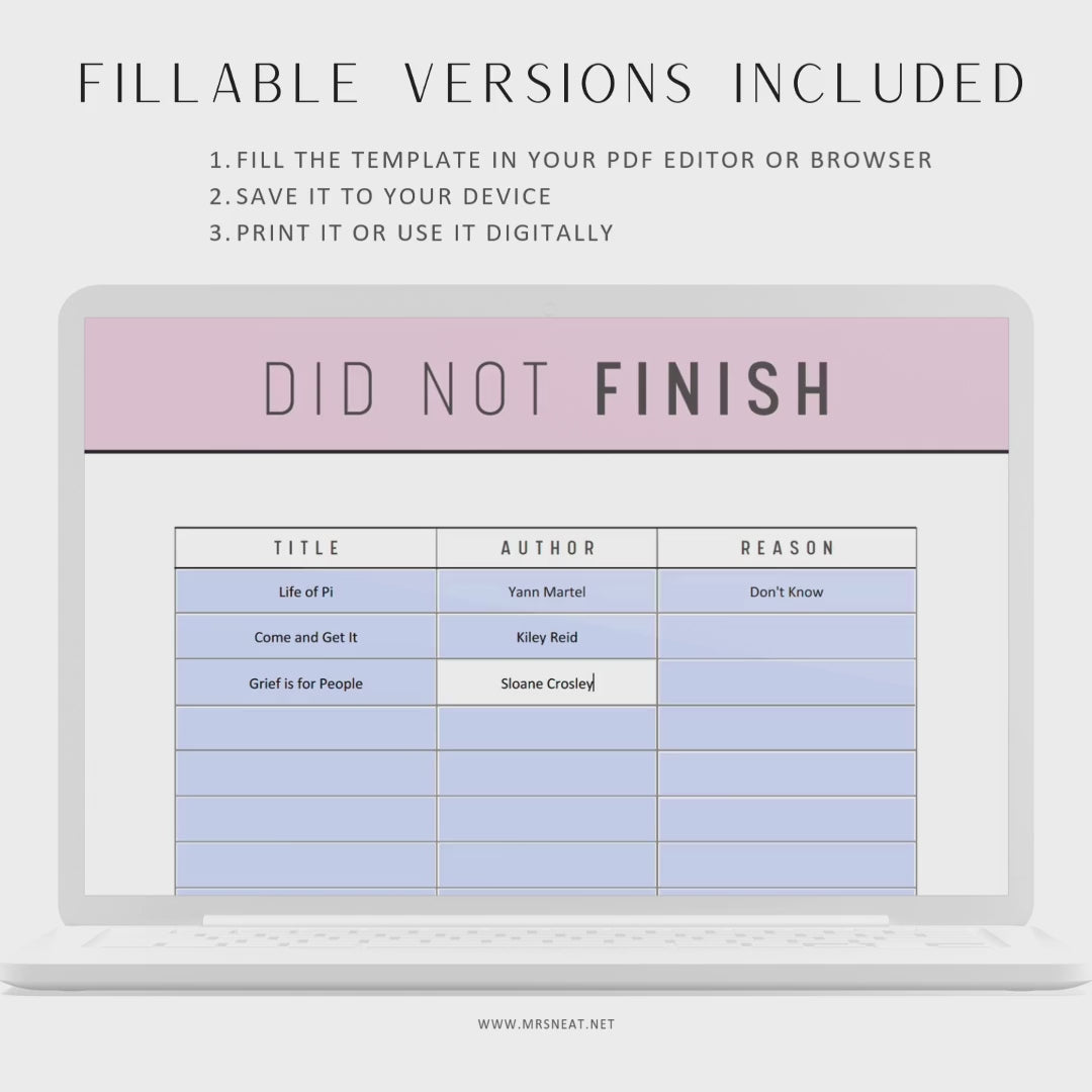 Did Not Finish Books Tracker, Fillable Declutter Book List,  Unfinished Book List, TBR List, DNF List Printable, Book List Tracker, 5 colors