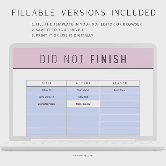 Did Not Finish Books Tracker, Fillable Declutter Book List,  Unfinished Book List, TBR List, DNF List Printable, Book List Tracker, 5 colors