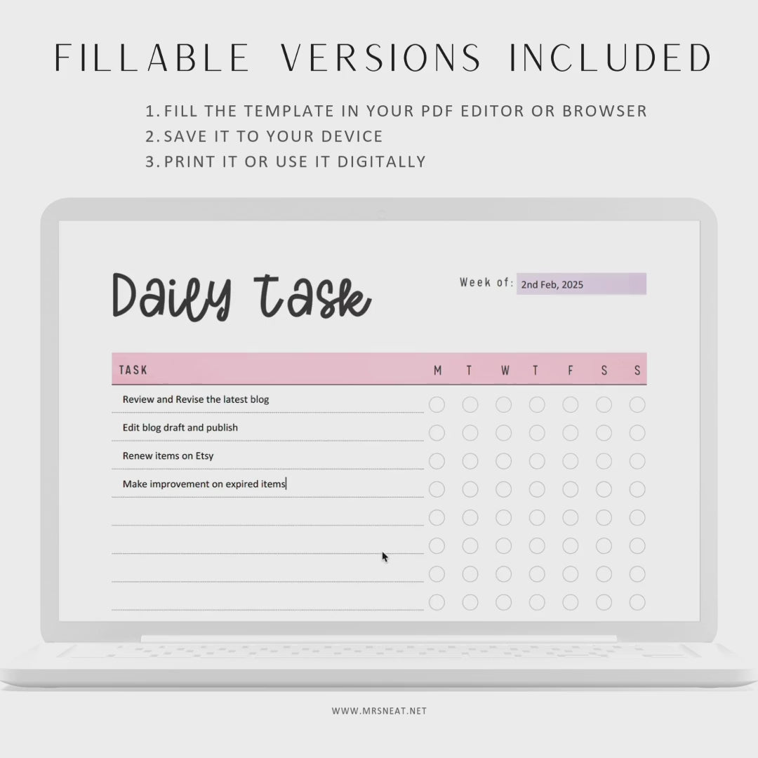 Daily Task List Template Printable, To Do List Planner, 2 color options