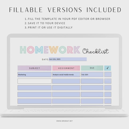 Editable Homework Planner, Printable, Digital, Student Planner, Assignment Checklist, Study Planner, School Tracker Template, Digital, Printable Planner, A4 A5, Letter, Half Letter