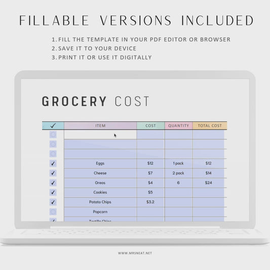 Fillable Grocery Budget Planner Printable, Grocery Cost List, PDF, Shopping List, Shopping Tracker, A4, A5, Letter, Half Letter, PDF