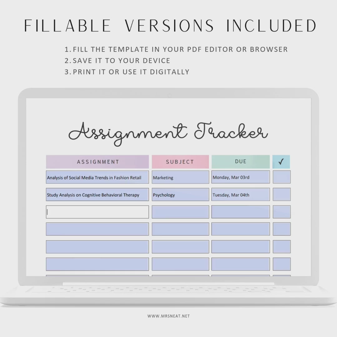 Assignment Tracker, PRINTABLE Journal Page, Student Journal, Student Planner, Student Agenda,  Assignment Log, Task Log, Planner Page, PDF Fillable, A4, A5, Letter, Half Letter, 2 Colors