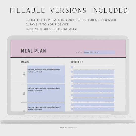 Weekly Meal Plan with Grocery List Template, Menu Planner, 7 Day Menu Plan Printable, Meal Tracker, A4, Letter, Half Letter, A5, 5 colors