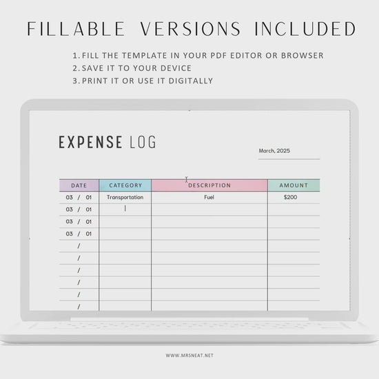 Expense Log Template, Printable, A4, A5, Letter, Half Letter, PDF, Digital Planner, 2 Colors, Instant Download