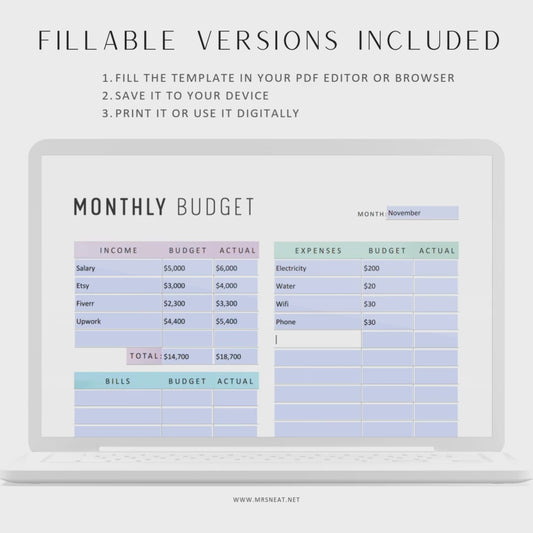 Monthly Budget Printable, A4, A5, Letter, Half Letter, 2 Colors, Digital Planner