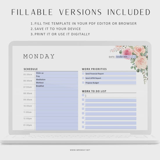 Floral Work from home planner, Personal Daily Planner Printable, Fillable Daily Half Hourly Planner, A4, A5, Letter, Half Letter, 7 Pages