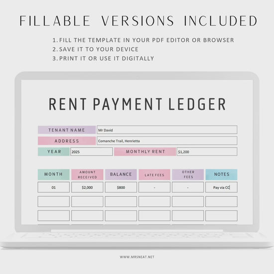 Editable Rent Payment Ledger, Printable Rent Payment Tracker, Rental Payment Log, Tenant Payment Tracker, A4, A5, Letter, Half Letter, 2 Color options