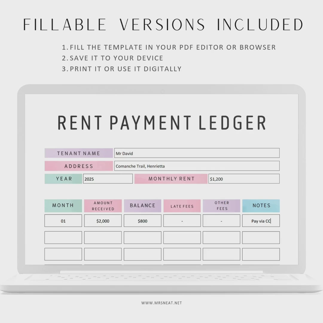 Editable Rent Payment Ledger, Printable Rent Payment Tracker, Rental Payment Log, Tenant Payment Tracker, A4, A5, Letter, Half Letter, 2 Color options