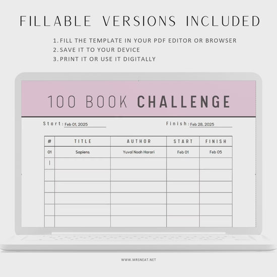 100 Book Reading Challenge Printable, 5 Colors, 2 Pages, A4, A5, Letter, Half Letter