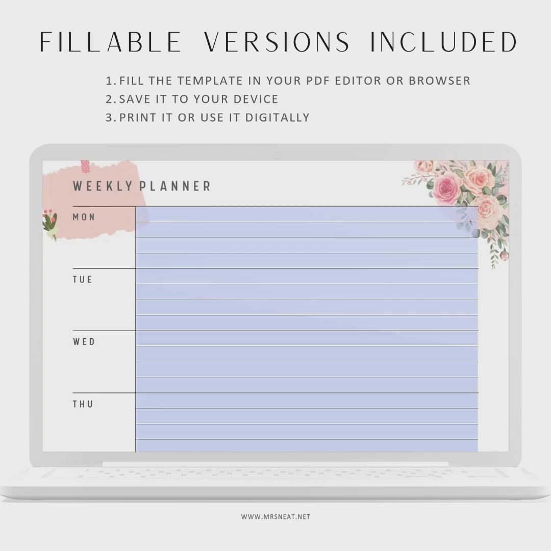 Fillable Weekly Planner Printable, Weekly To Do List, Weekly Schedule, Weekly Organizer, Week at a glance, Weekly Notes, A4/A5/Letter/HL, Digital Planner, Printable Planner, Instant Download