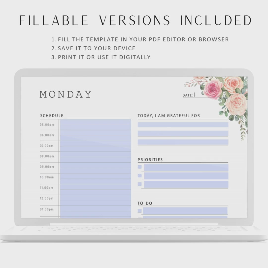 Fillable Daily Planner Printable, 7 Day Planner, Half Hour Schedule Planner, To Do List, A4, A5, Letter, Half Letter, 7 Pages, Floral Theme