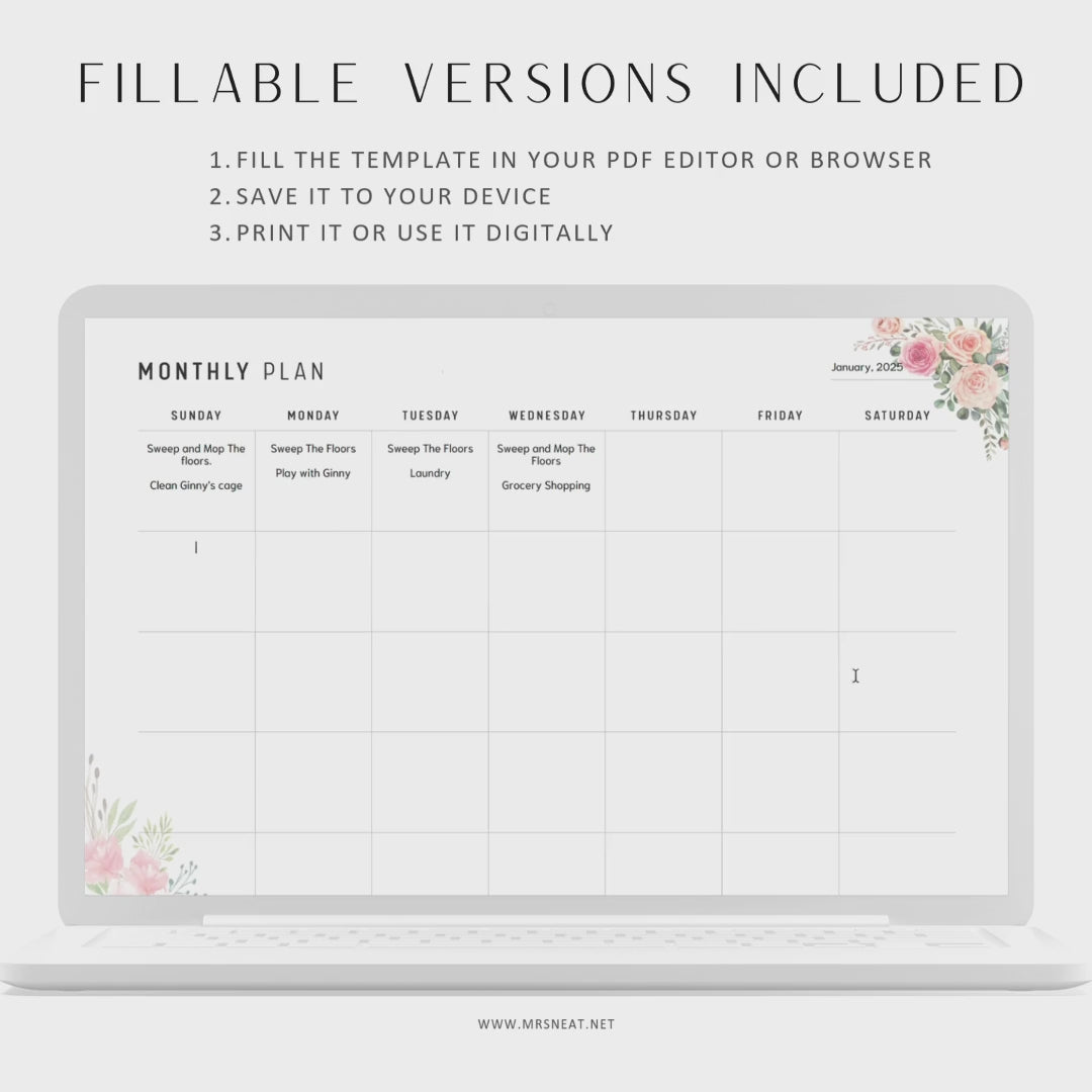 Floral Monthly Planner Landscape, Floral Theme, A4, Letter, Fillable PDF