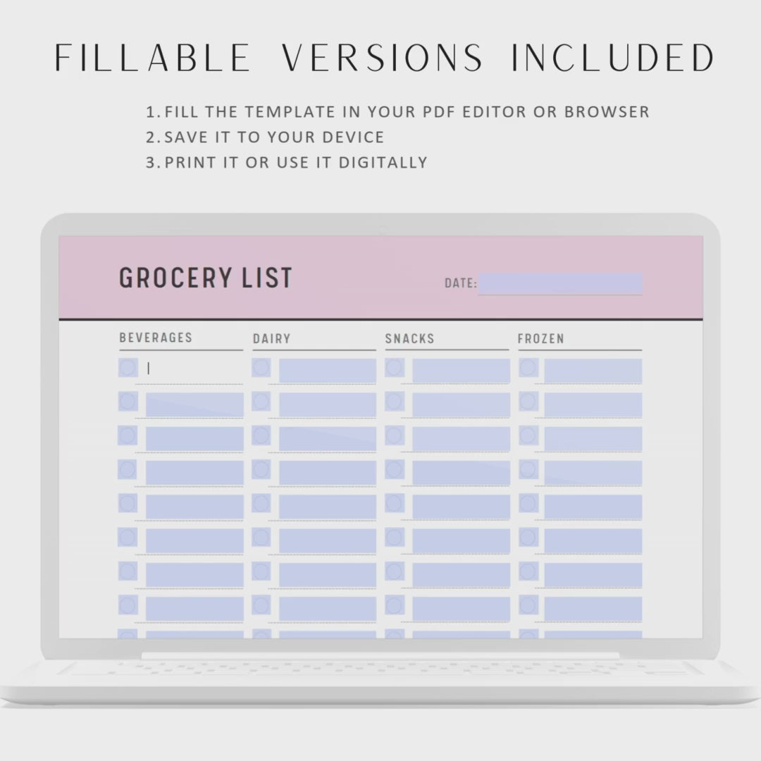 Fillable Grocery List Printable, Grocery Planner Template, Food Shopping List, Shopping List, PDF, 5 colors, A4, A5, Letter, Half Letter