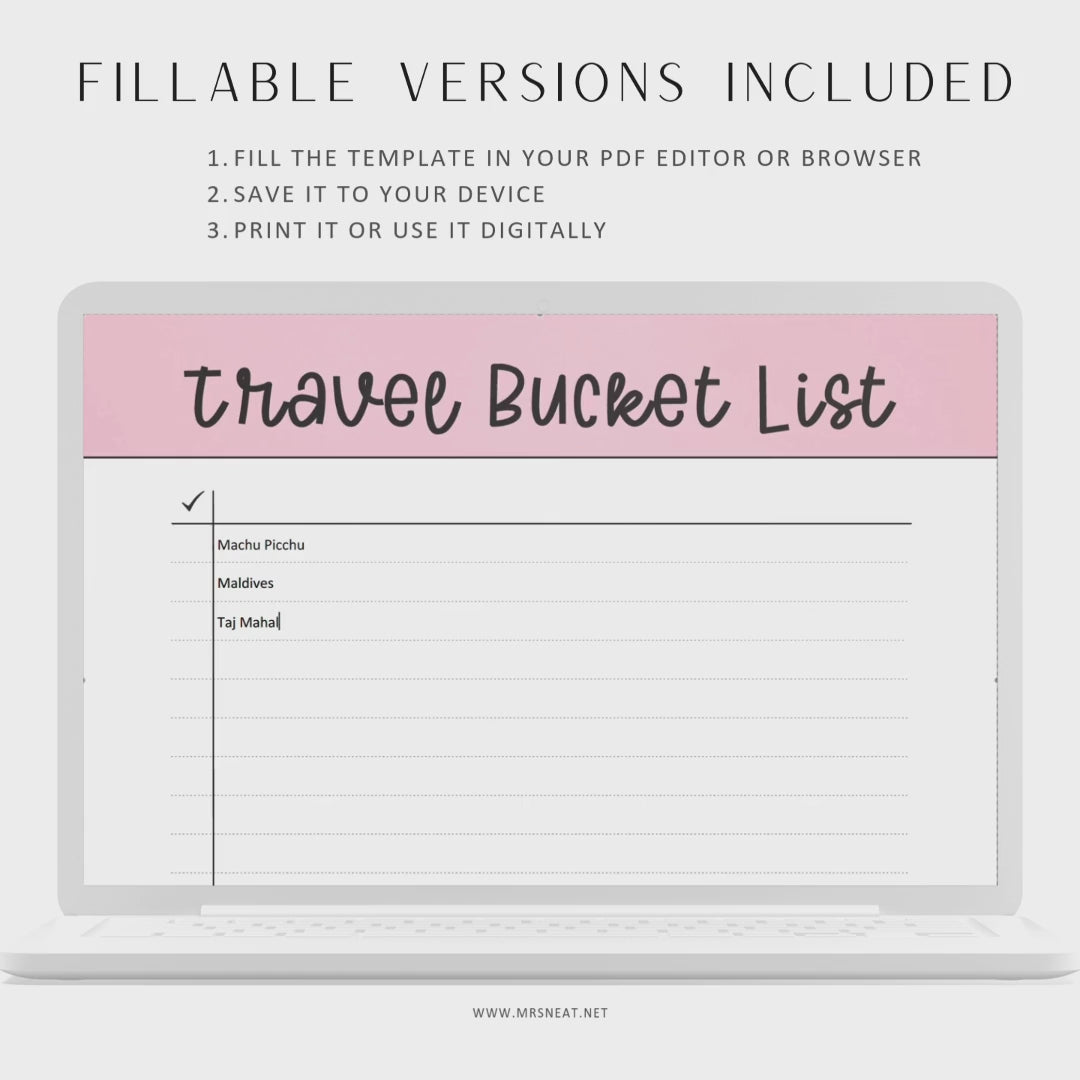 6 colors Travel Bucket List Template Printable