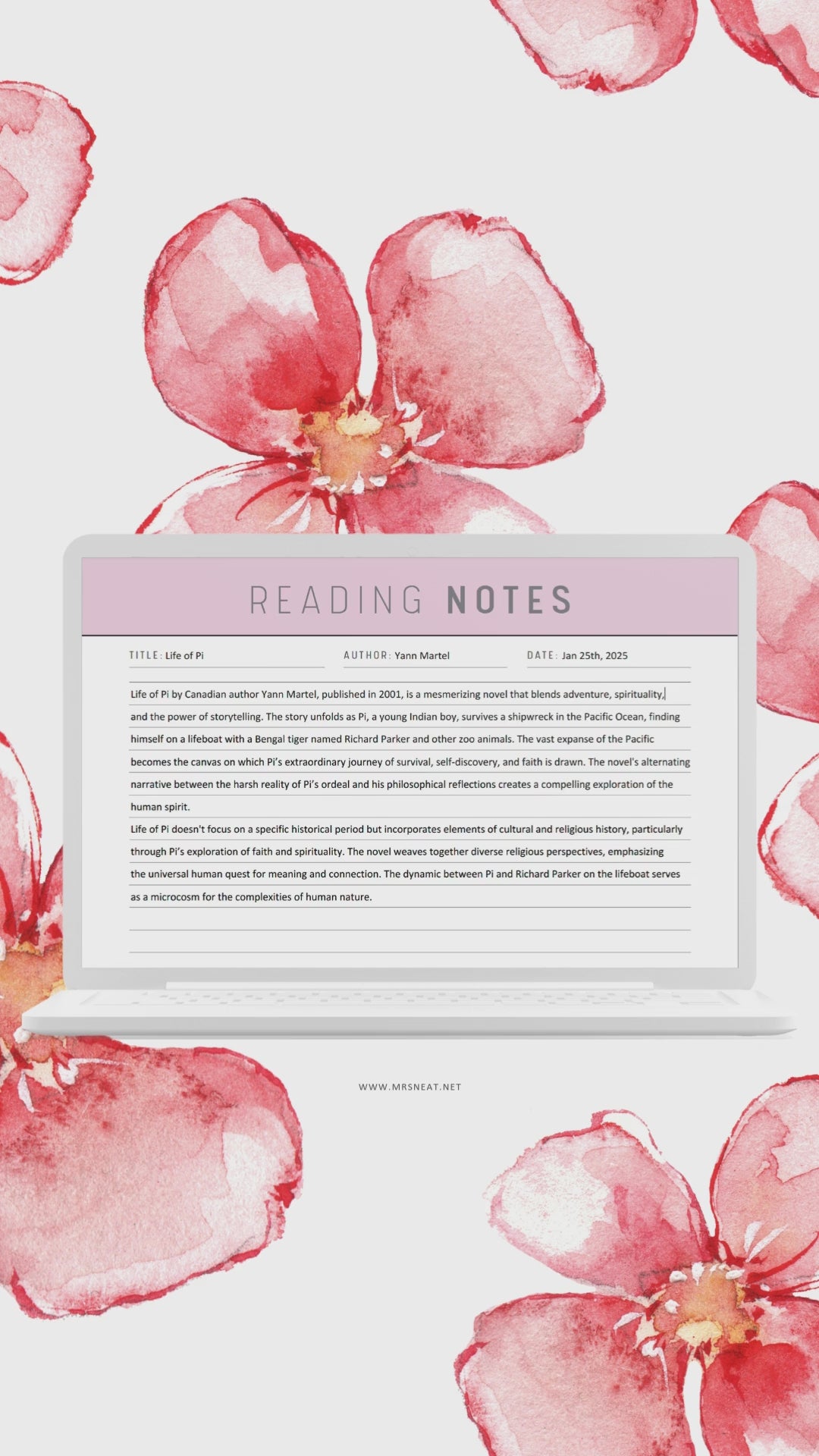 Reading Notes Template Printable