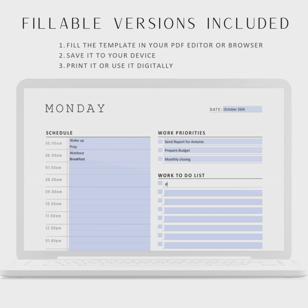 Fillable Work from Home Planner Printable, Daily Planner, Personal Daily Planner, Half Hourly Planner, A4, A5, Letter, Half Letter, 7 Pages