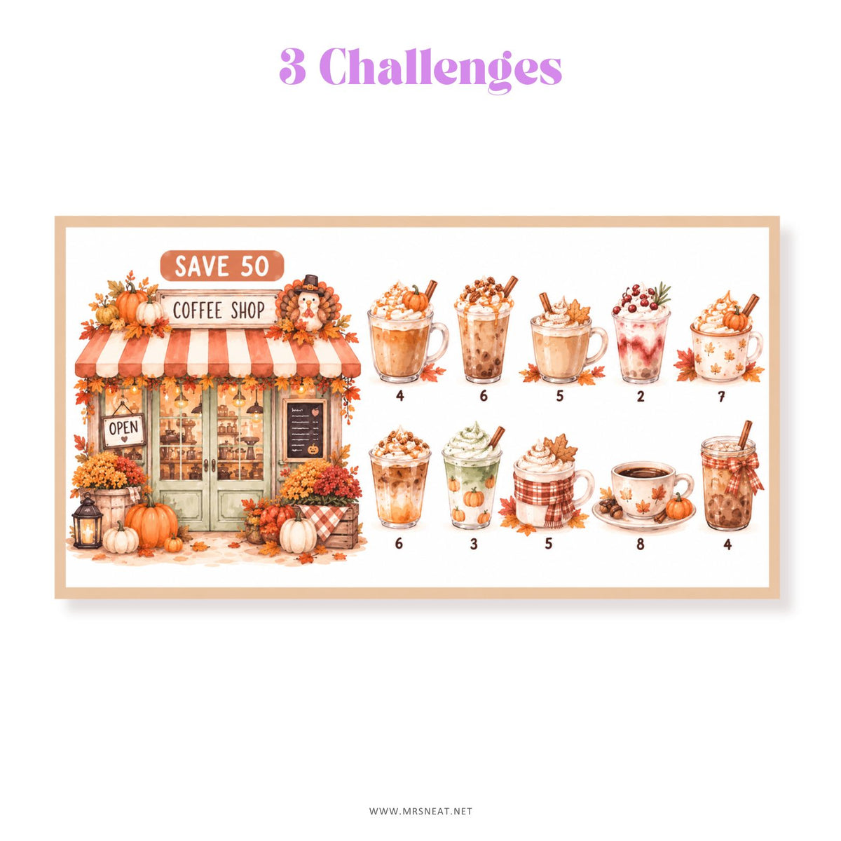 Autumn money saving challenge with pumpkins coffee and seasonal watercolor art