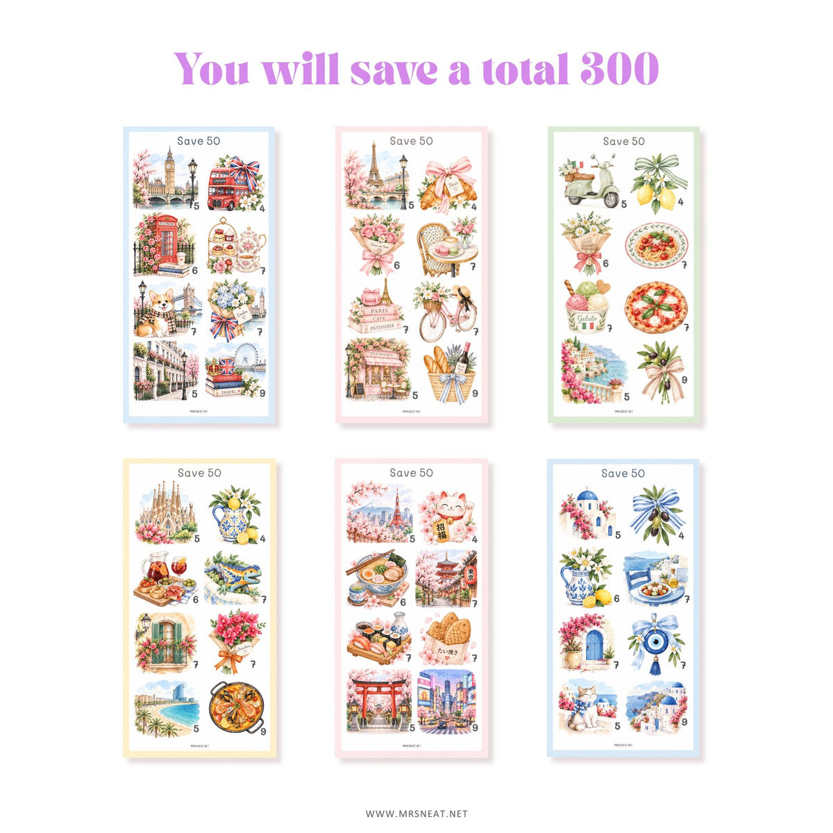 Save $300 with this cute travel-themed printable savings challenge