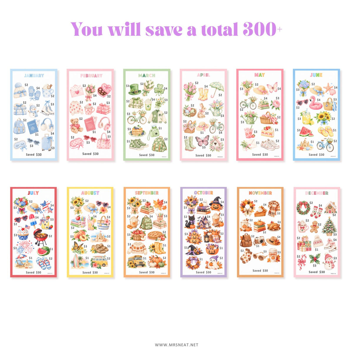Save $360 annual savings challenge printable with 12 monthly savings challenges