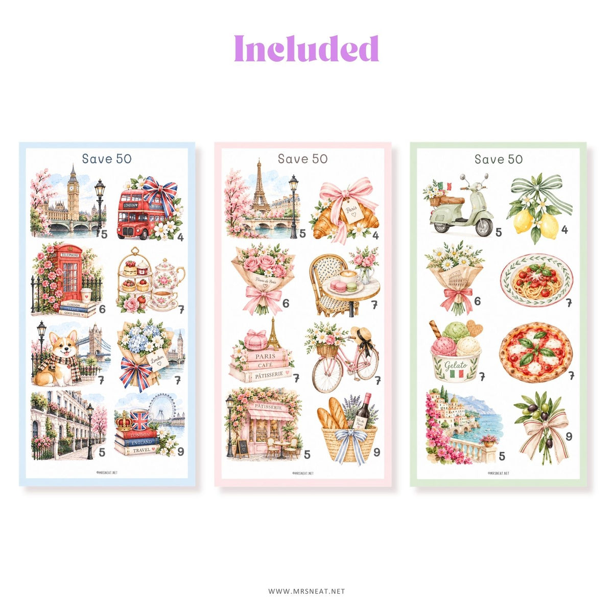 Travel money saving challenge with colorful watercolor destination illustrations