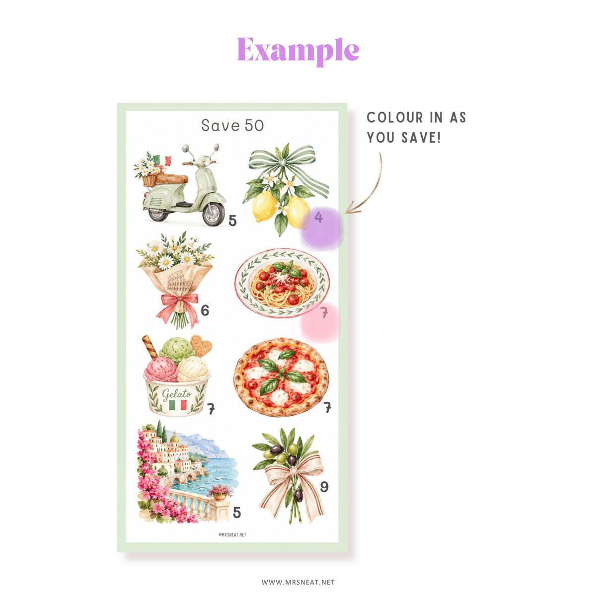 Travel savings tracker printable featuring London Paris Italy Japan and Greece