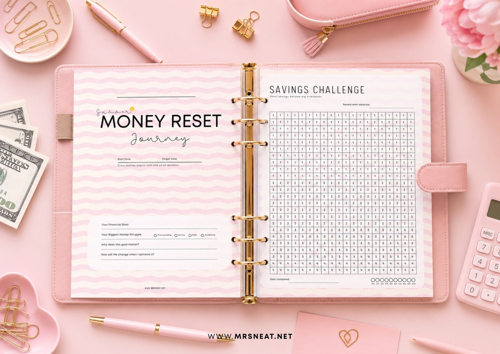 Summer Money Reset Kit printable budget planner with pastel pink summer design for saving money and building better financial habits.