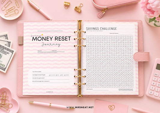 Summer Money Reset Kit printable budget planner with pastel pink summer design for saving money and building better financial habits.