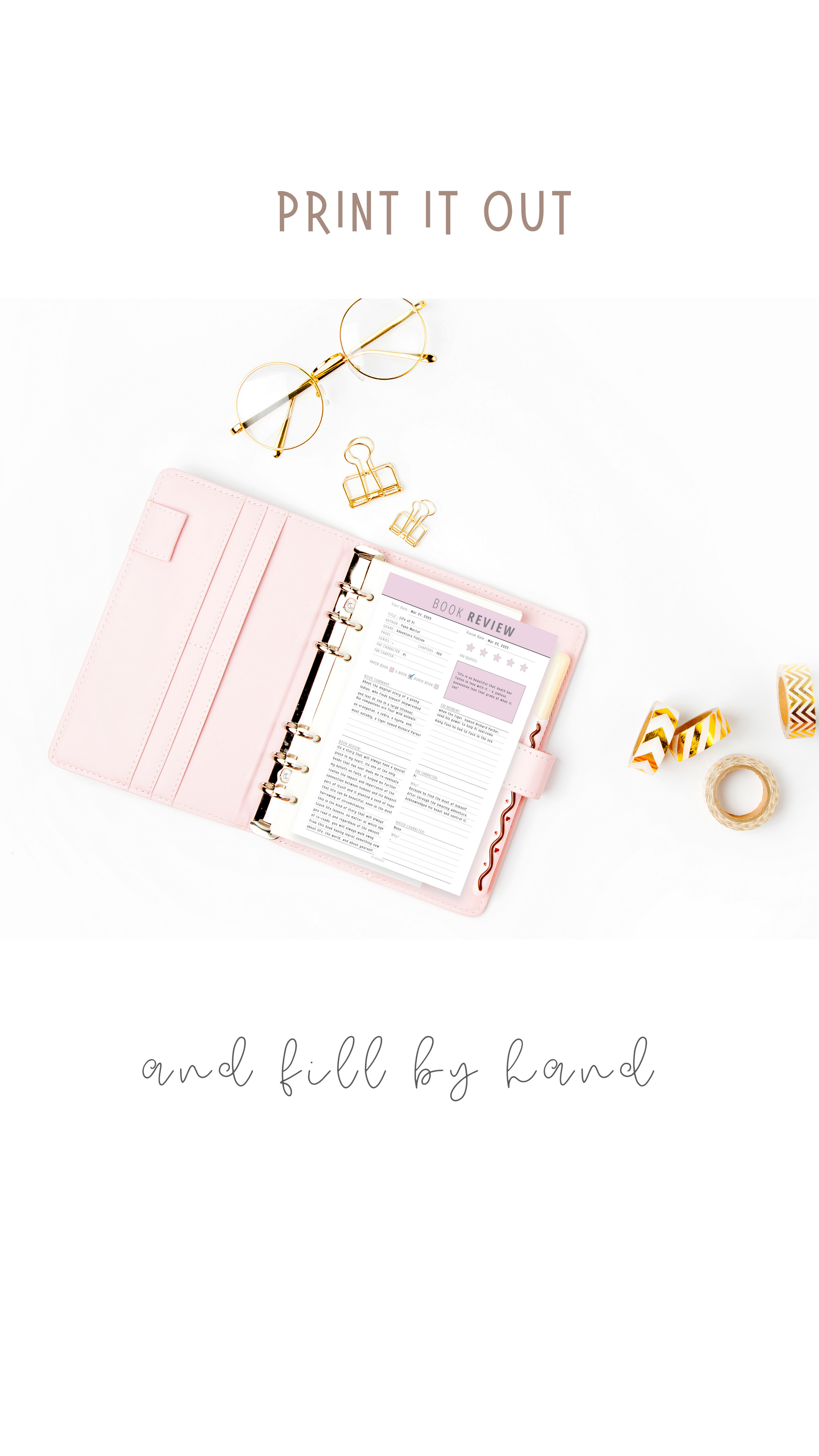 Beautiful and Cute purple book review planner printed out and put on aesthetic pink binder