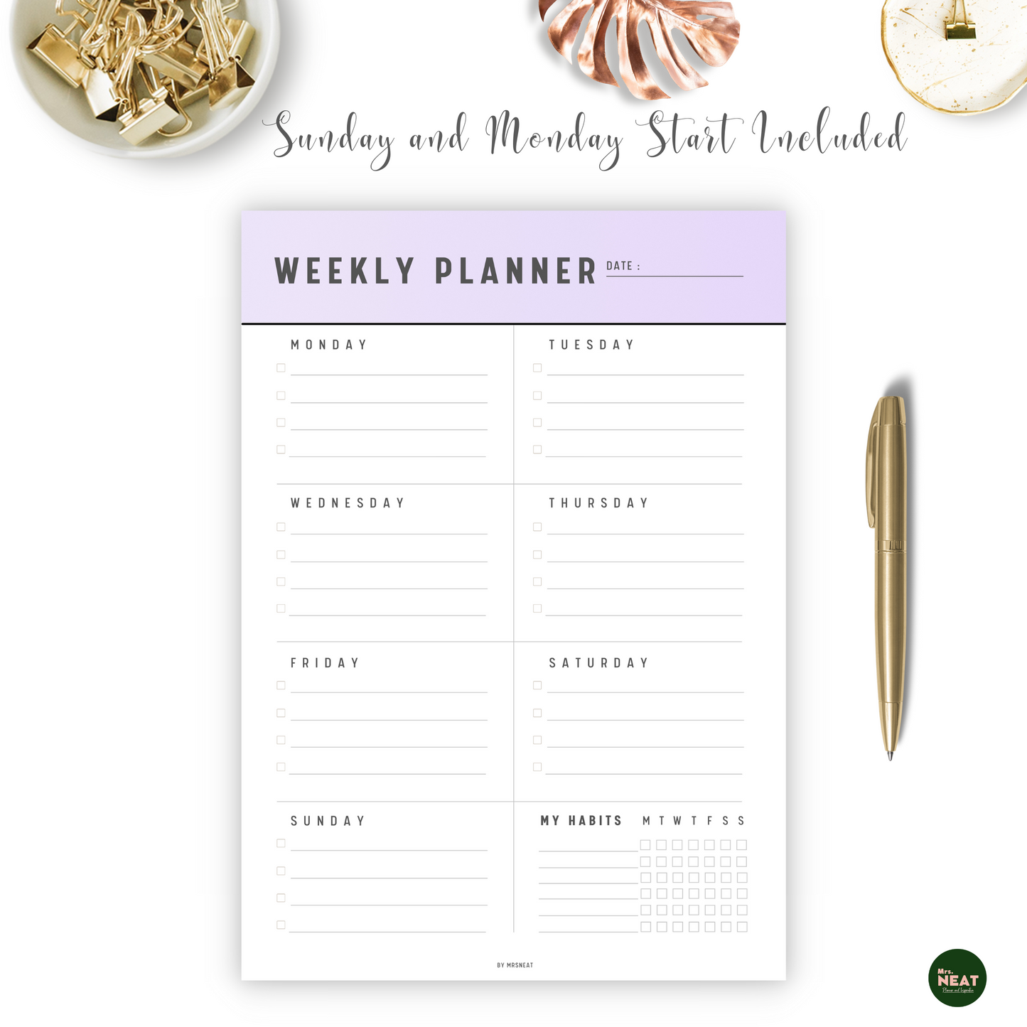 Cute Purple Weekly Planner with Monday Start and room for Daily Habits