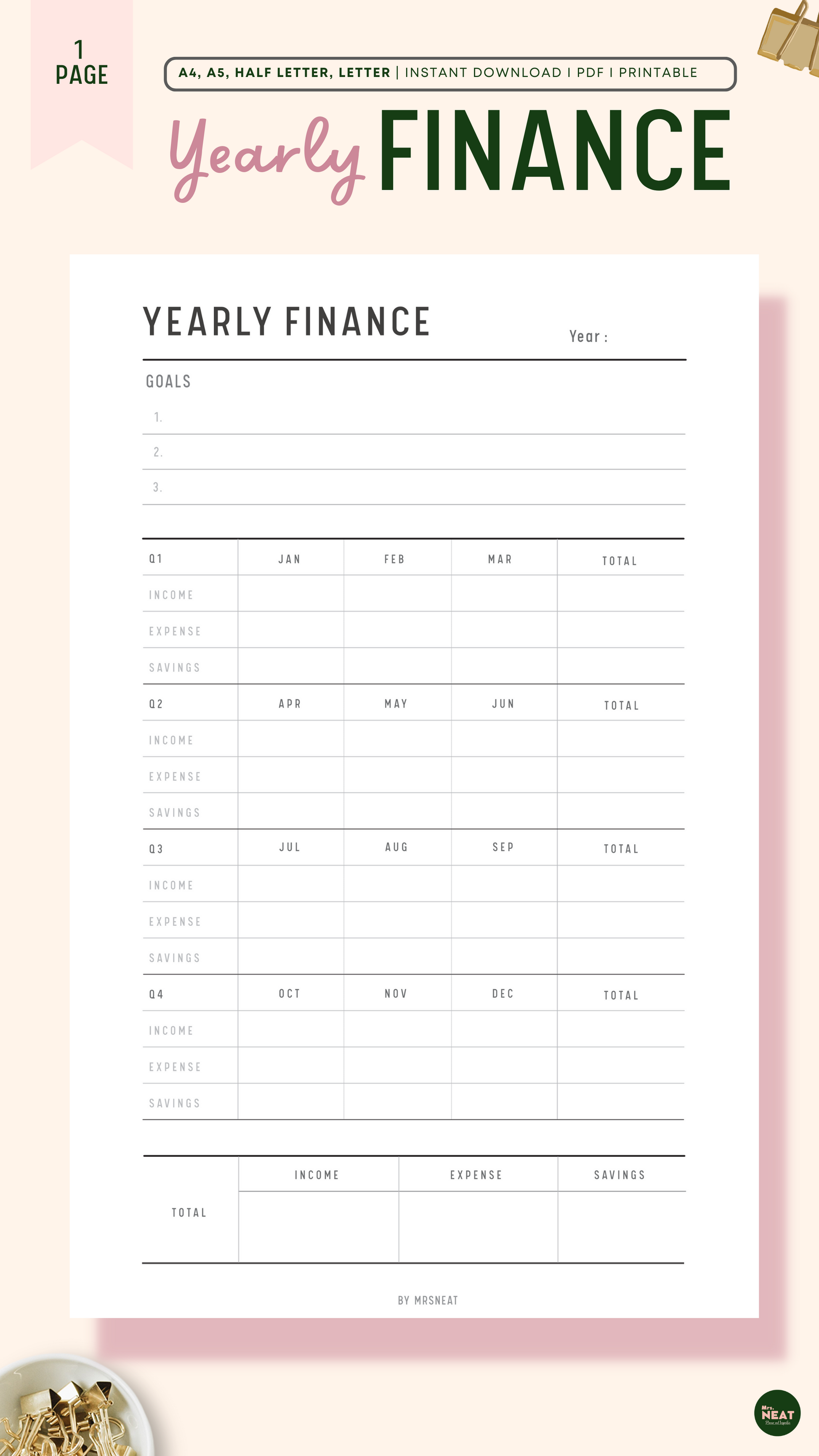 Minimalist and Clean Yearly Financial Planner Printable