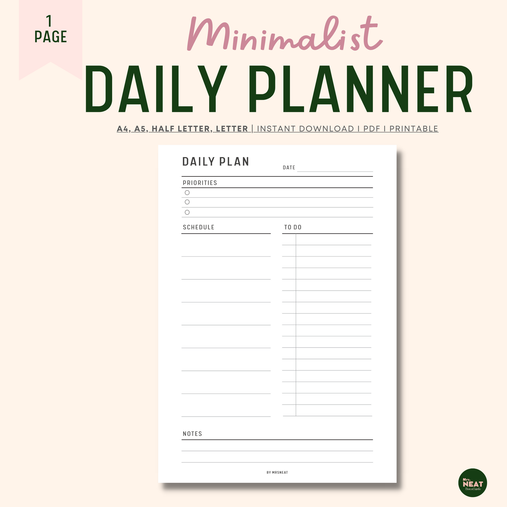 minimalist Daily Planner with room for priorities, schedule, To Do List and Notes