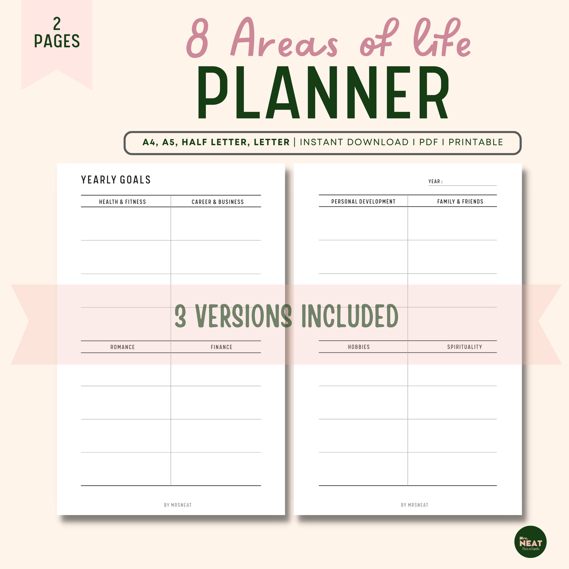 Minimalist and Clean 8 Areas of Life Goal Planner in Monthly, Quarterly and Yearly Goals