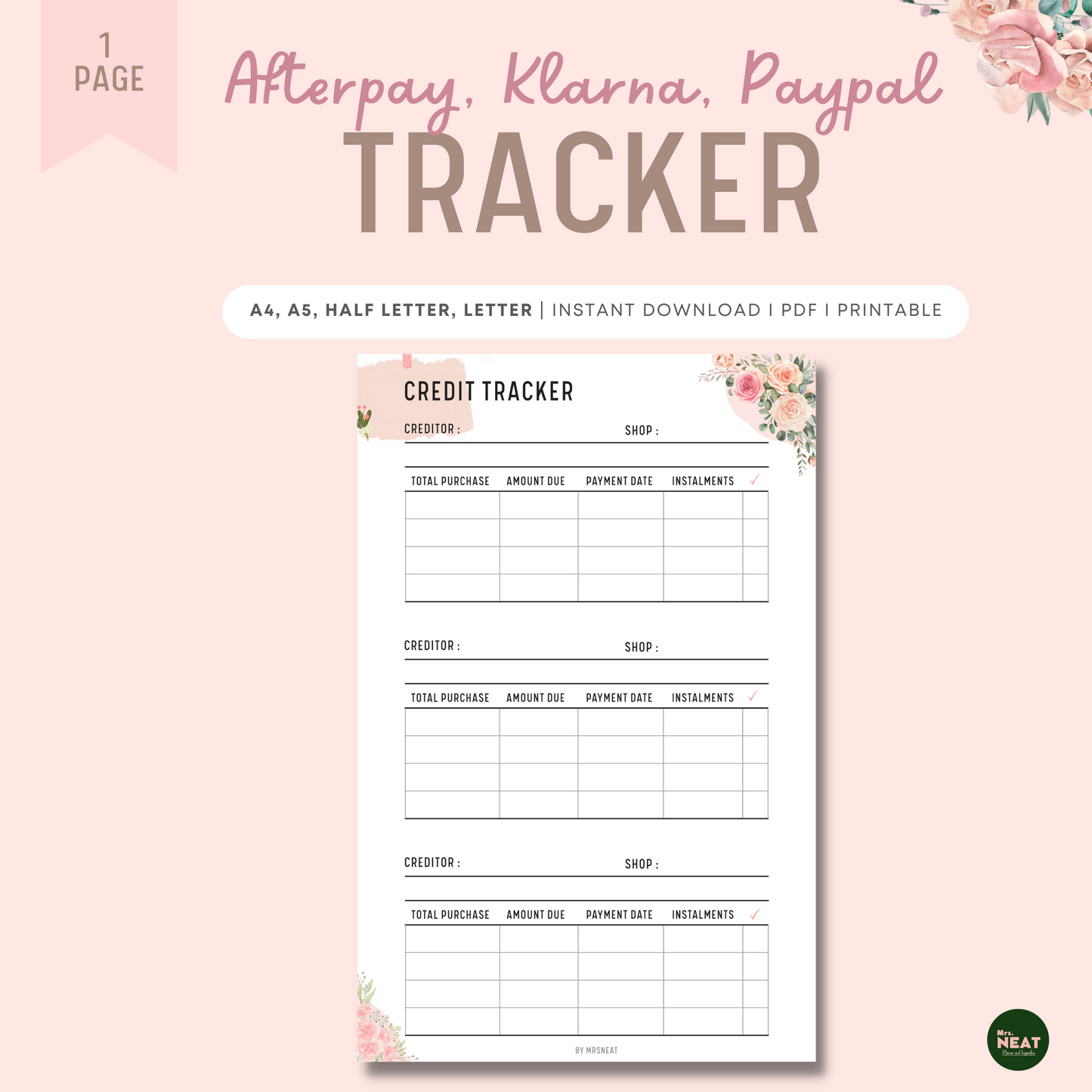 Afterpay, Klarna and Paypal Tracker Planner in Beautiful and cute pink floral 